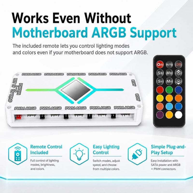 محور مروحة كمبيوتر مزود بـ 12 منفذ ARGB و 10 منافذ PWM، وحدة تحكم ARGB 5V 3-Pin وموزع مروحة PWM 12V 4-Pin مع جهاز تحكم عن بعد لاسلكي، مزود طاقة SATA، إكسسوارات كمبيوتر ألعاب تدعم مزامنة اللوحة الأم (أبيض) - Image 3