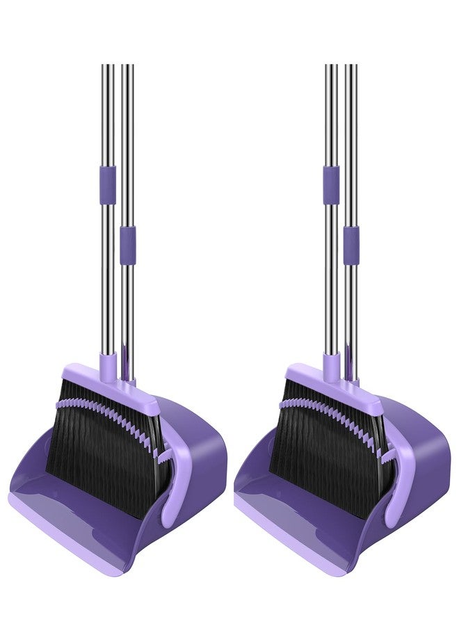 NACENA Broom and Dustpan Set, 52-in Long Adjustable Handle Broom Dustpan Combo with Dust pan Teeth to Automatically Clean Hair Suitable for Home Kitchen Office Hall Floor (Purple), 2 Pack - Image 1