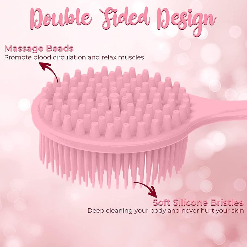 MobFest Double-Sided Silicone Back Scrubber Multifunctional Bath Shower Body Exfoliating Massage Body Brush With Long Handle, 1 Pcs (Pink) - Image 3