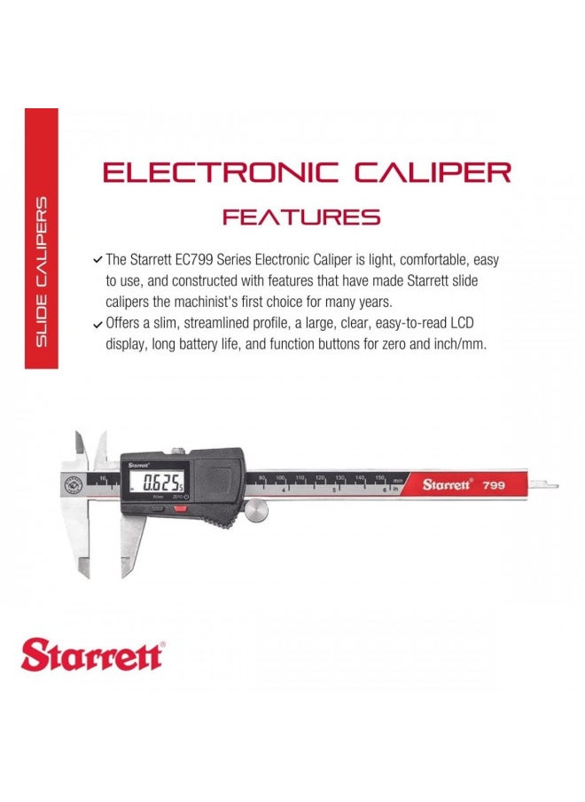 Starrett Starrett Stainless Steel Electronic Slide Caliper - 0-6" Range, 0005" Resolution, LCD Display, Fine Adjustment Thumb Wheel, in/mm Conversion - EC799A-6/150  - Image 1