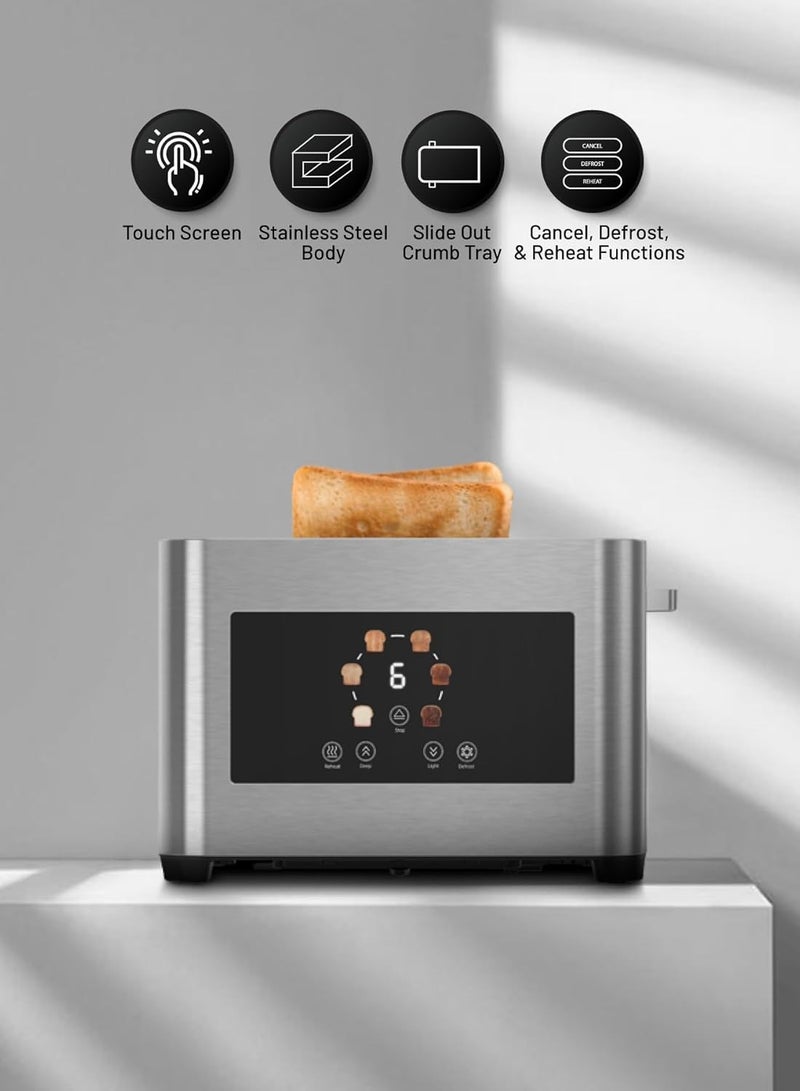 porodo 2-Slice Digital Pop up Toaster 850W, 6 Browning Levels, Defrost Heat Levels, Crumb Tray, Touch Panel, Smart Memory Function, Stainless Steel Housing - Silver - Image 3