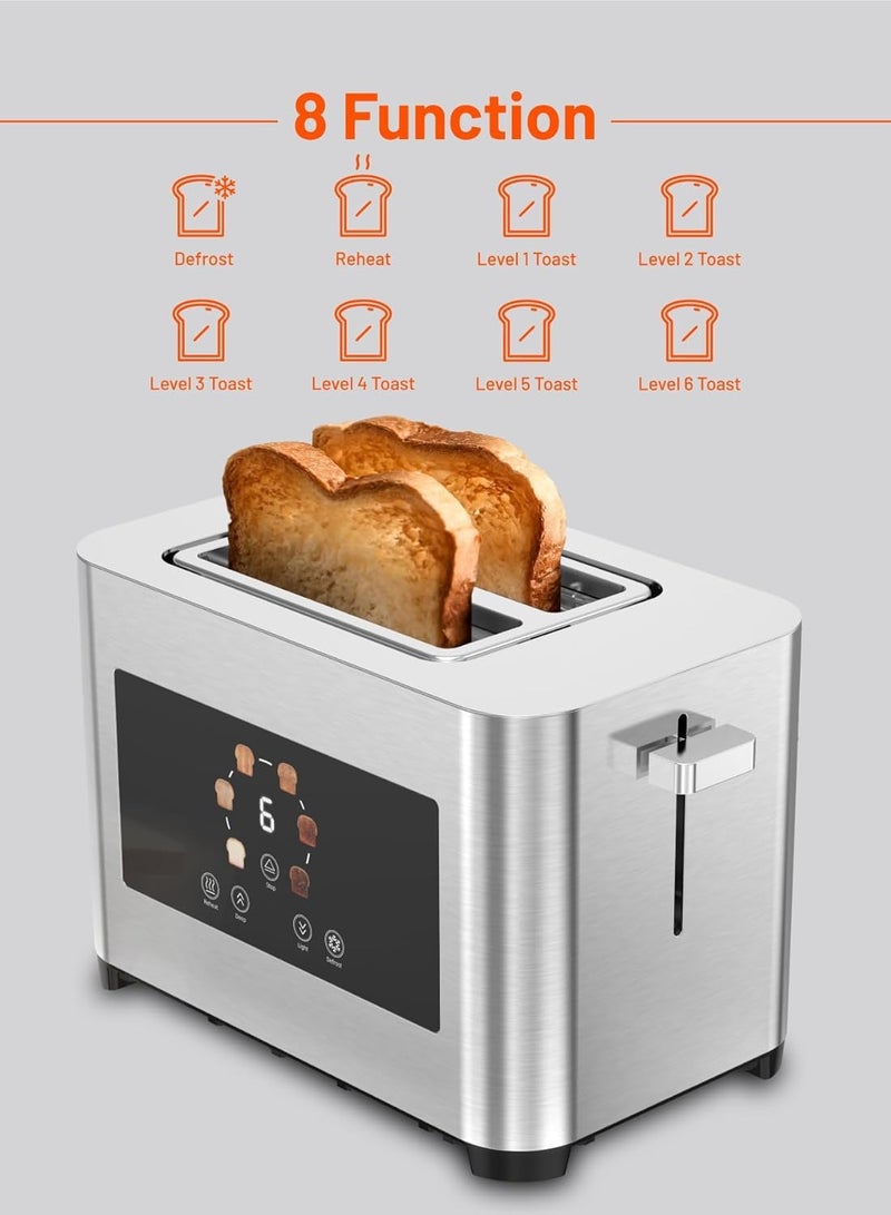 porodo 2-Slice Digital Pop up Toaster 850W, 6 Browning Levels, Defrost Heat Levels, Crumb Tray, Touch Panel, Smart Memory Function, Stainless Steel Housing - Silver - Image 4