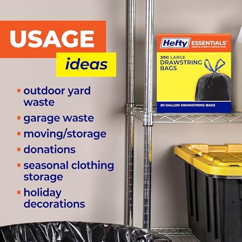Hefty Essentials Drawstring 30 Gallon Trash Bags, 56 Count, Bulk Black Garbage Bags for Garages, Parties, Large Trash Items, and More, Scent Free, Black - Image 4