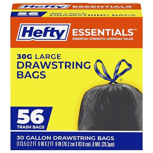 Hefty Essentials Drawstring 30 Gallon Trash Bags, 56 Count, Bulk Black Garbage Bags for Garages, Parties, Large Trash Items, and More, Scent Free, Black - Image 1