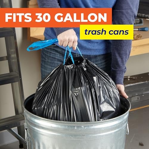 Hefty Essentials Drawstring 30 Gallon Trash Bags, 56 Count, Bulk Black Garbage Bags for Garages, Parties, Large Trash Items, and More, Scent Free, Black - Image 2