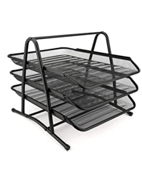 Metal Paper Tray l Mesh Document Tray for Desk Accessories Office Supplies Files and More Space Saving Letter Organizer with 3 Tiers Durable Office Desk Organizer with Sliding Trays Durable Anti-Slip