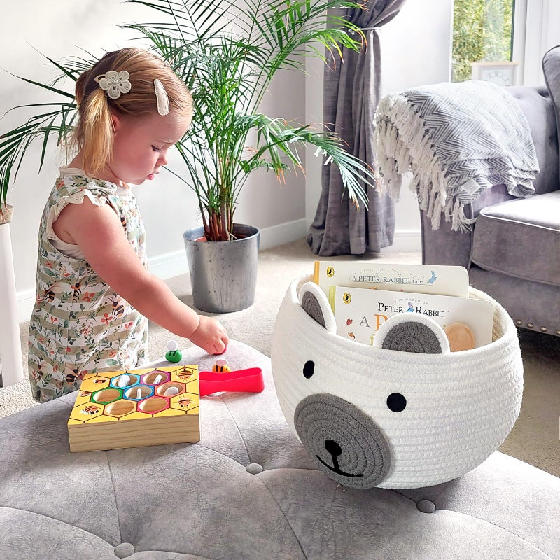 CherryNow Cotton Rope Baby Basket for Nursery, Bear Gift Baskets for Kids, Empty Baby Shower Basket with Handles, Small Cute Animal Baskets, White, 10.5"D x 8.5"H - Image 4