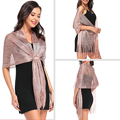 vimate شالات ولفائف نسائية من فيمات، شالات ولفائف لامعة باللون الوردي الذهبي للمناسبات (وردي ذهبي) - Image 3