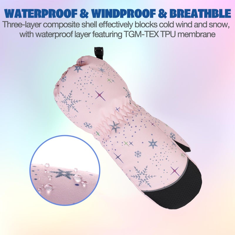 RunRRIn Snow Mittens & Ski Gloves for Kids Boys Girls Toddlers - Waterproof, Touchscreen Winter Gloves with Thermal Insulated, Warm for Skiing, Snowboarding & Cold Weather (Pink Snow S) - Image 3