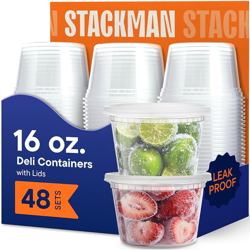 ستاك مان Stack Man 【48 Sets - 16 oz. Plastic Deli Disposable Food Storage Containers with Airtight Lids - Image 1