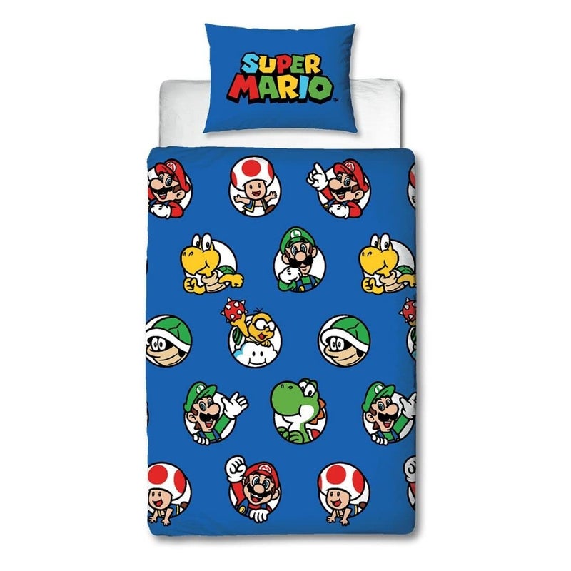 مجموعة غطاء لحاف مفرد نينتندو سوبر ماريو الرسمية بتصميم الاستمرار باللون الأزرق القابل للعكس ذو الجانبين، بضائع رسمية تشمل غطاء وسادة متطابق