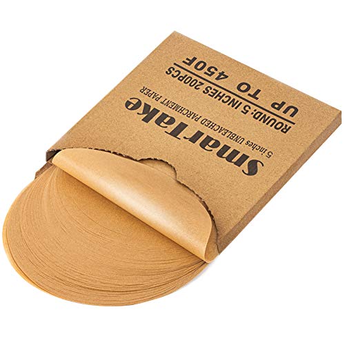 SMARTAKE 200 Pcs Unbleached Parchment Paper Baking Sheets Round 5 Inches NonStick Precut Baking Parchment for Baking Grilling Air Fryer Steaming Bread Cup Cake Cookie and More