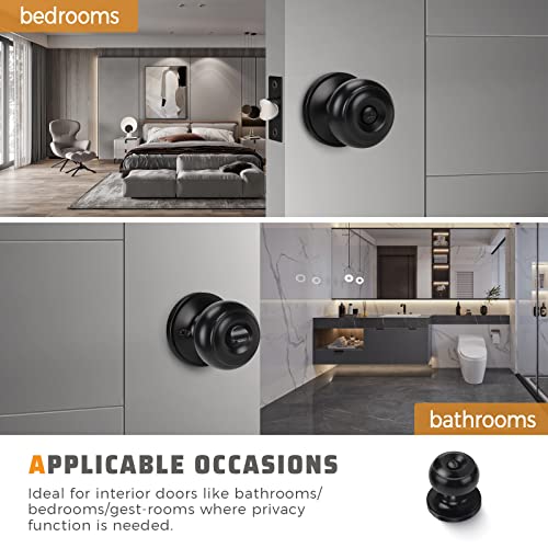 KNOBWELL 3 Pack Keyless Privacy Door Knobs, Matte Black Door Knobs Interior, Privacy Door Knob for Bed/Bath Function Interior Door Use, Round Shape - Image 3