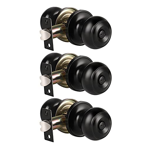 KNOBWELL 3 Pack Keyless Privacy Door Knobs, Matte Black Door Knobs Interior, Privacy Door Knob for Bed/Bath Function Interior Door Use, Round Shape - Image 1