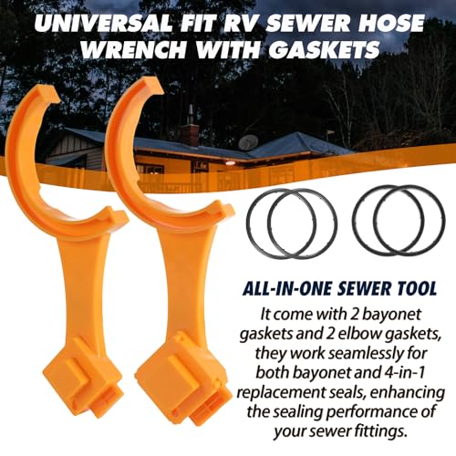 TonGass (2-Pack, Orange Universal Fit RV Sewer Hose Wrench with Gaskets(2 Bayonet+2 Elbow), Multi-Tool Fit Most 3-Inch & 4-Inch Male/Female RV Sewer Cap, Connect and Disconnect Hose Fitting - Image 2
