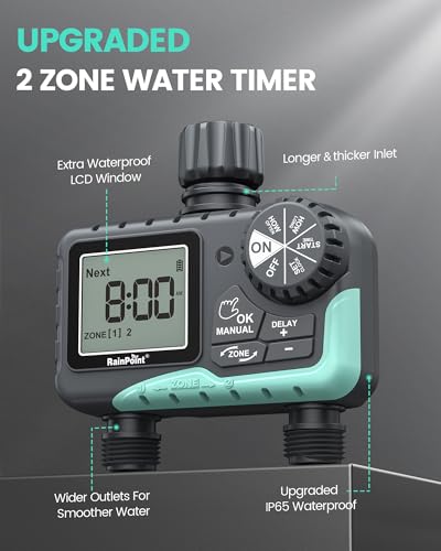 RAINPOINT Sprinkler Timer 2 Outlet, Water Timer for Garden Hose, Programmable Drip Irrigation Timer for Yard Outdoor Watering, Rain Delay/Manual/Automatic System Controller 2.5" LCD, V2, 2023 Release - Image 2