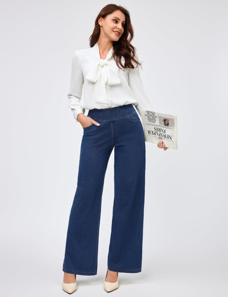 IUGA Wide Leg Jeans Woman High Waisted Pull On Baggy Jeans for Women Stretchy Trendy Womens Jean Straight Casual Denim Pants Dark Blue - Image 2