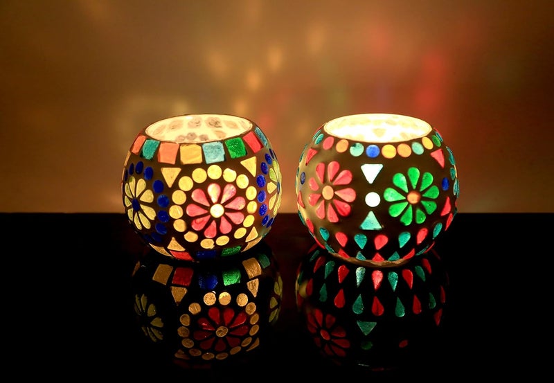 The Victory Multicolor Set of 2 Mosaic Glass Candle Holder Home Decor Valentines Day Gifts3 Inch