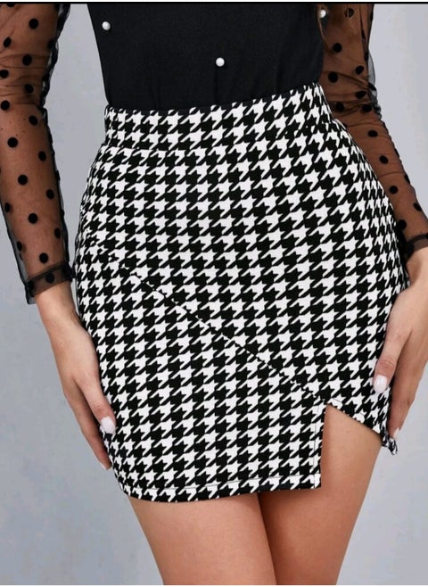 SHEIN Privé Houndstooth Print Asymmetric Hem Skirt