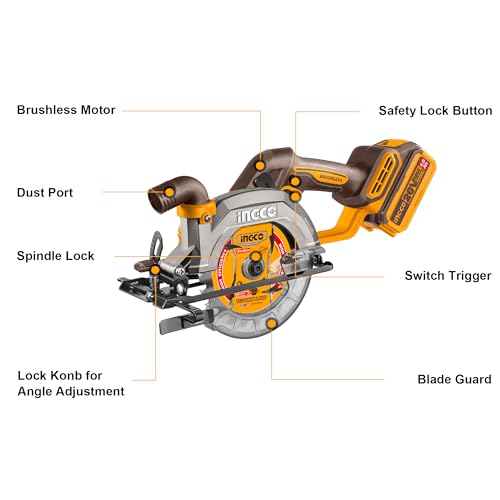 INGCO 20V Cordless Circular Saw (Body Only) 140mm, Brushless Motor, 6300RPM Max. Cutting Depth 50mm (90°) Electric Circular Saw, 20mm Arbor CSLI1402 - Image 3
