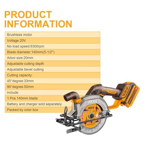 INGCO 20V Cordless Circular Saw (Body Only) 140mm, Brushless Motor, 6300RPM Max. Cutting Depth 50mm (90°) Electric Circular Saw, 20mm Arbor CSLI1402 - Image 5