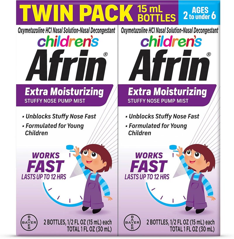 Afrin Afrin Children's Extra Moisturizing Nasal Mist, Non-Drowsy, Fast-Acting Decongestant for up to 12 Hour Stuffy Nose Relief, Children Ages 2 to 6, .5 fl oz (Pack of 2) 