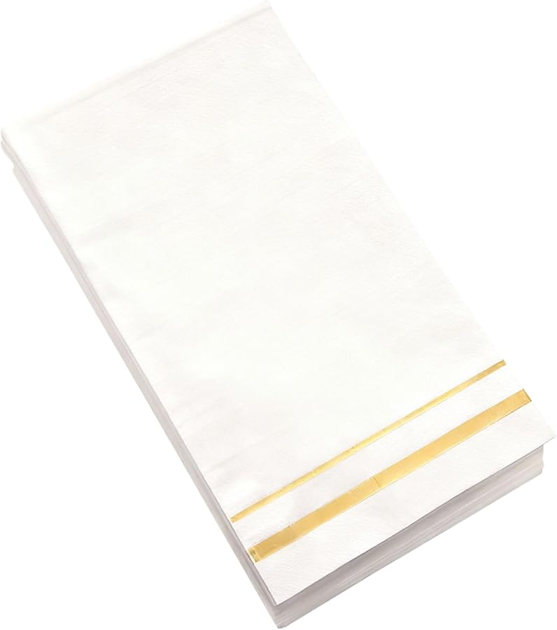 White Disposable Napkins With Gold Trim 100 Pack For Wedding Party Banquet Dinner - Image 1