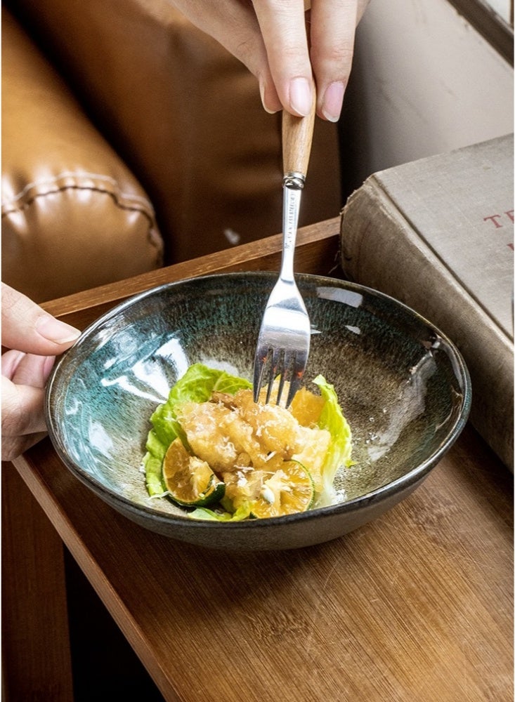 وعاء سلطة صيني عتيق غير منتظم مقاس 6 بوصات، أدوات مائدة خزفية مبتكرة، وعاء خلط للمطبخ، أوعية حساء قابلة للتكديس، أوعية معكرونة عتيقة، طبق توابل مطلي بطبقة متشققة، آمن للاستخدام في غسالة الأطباق والميكروويف، طلاء طاووس (أخضر) - Image 5