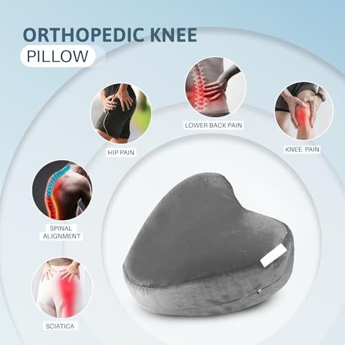 RINIPO Orthopedic Knee Pillow for Side Sleeping Grey - (6 Month Warranty) Adjustable Strap, Memory Foam Washable Zip Cover, Sciatica Pain Relief, Hip, Back & Knee Support, Knock Knee Pillow Support - Image 2