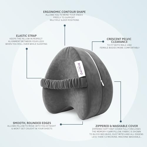 RINIPO Orthopedic Knee Pillow for Side Sleeping Grey - (6 Month Warranty) Adjustable Strap, Memory Foam Washable Zip Cover, Sciatica Pain Relief, Hip, Back & Knee Support, Knock Knee Pillow Support - Image 3