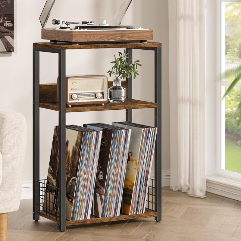 LELELINKY Large Brown Record Player Stand, 3 Tier 18" Wide Big End Table with Vinyl Storage Up to 130 Albums, Industrial Turntable Printer Tables, Modern Side Tables for Living Room, Bedroom, Office - Image 2