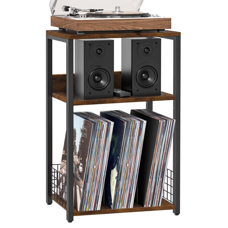 LELELINKY Large Brown Record Player Stand, 3 Tier 18" Wide Big End Table with Vinyl Storage Up to 130 Albums, Industrial Turntable Printer Tables, Modern Side Tables for Living Room, Bedroom, Office - Image 1