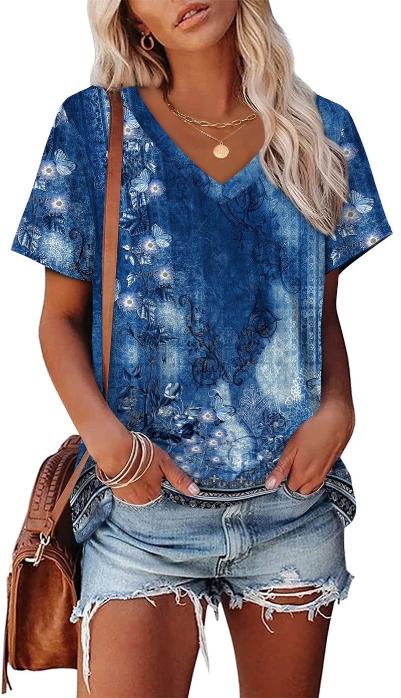Alaroo Womens Summer Tops Dressy Casual Tunic Short Sleeve Cruise Outfits V Neck T Shirts Print 12 XXL - Image 2