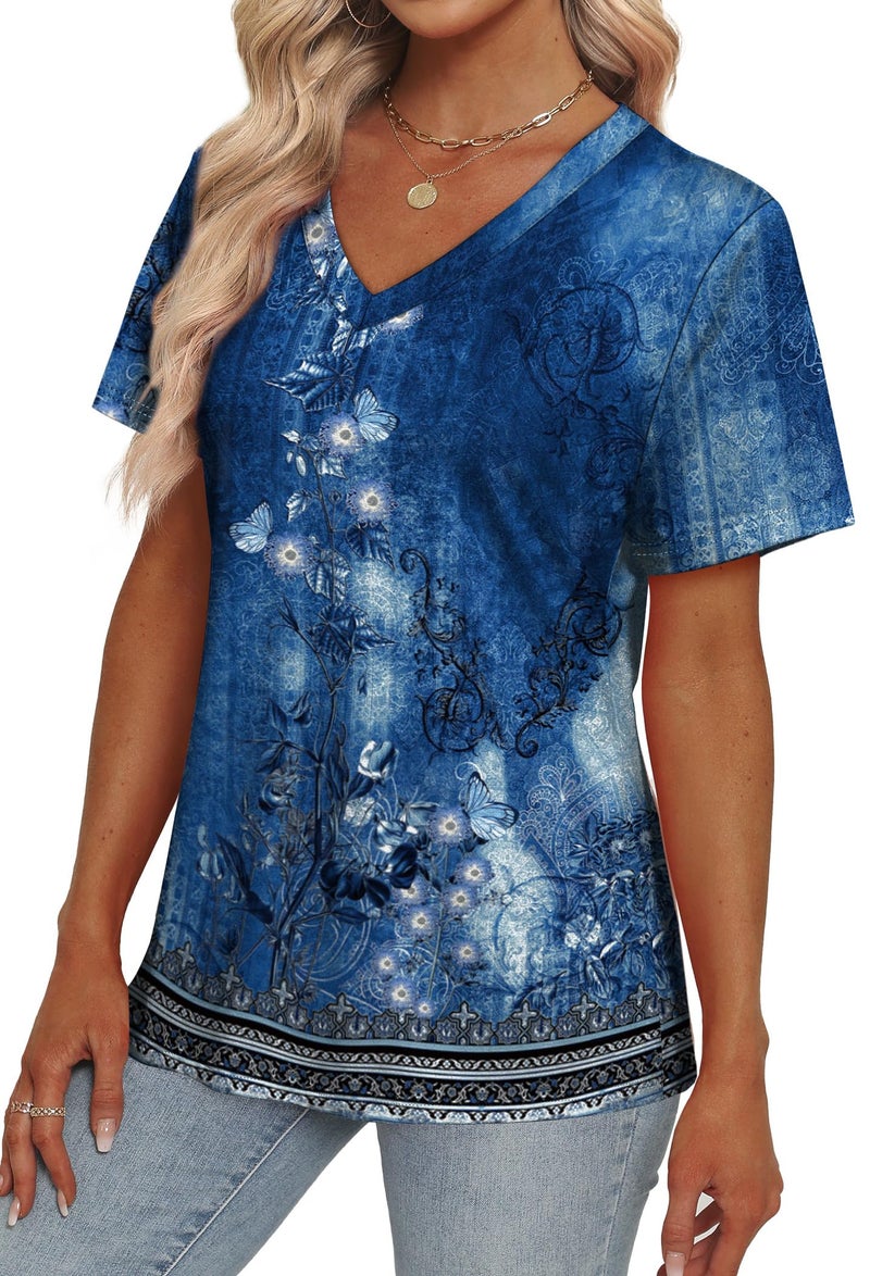 Alaroo Womens Summer Tops Dressy Casual Tunic Short Sleeve Cruise Outfits V Neck T Shirts Print 12 XXL - Image 3