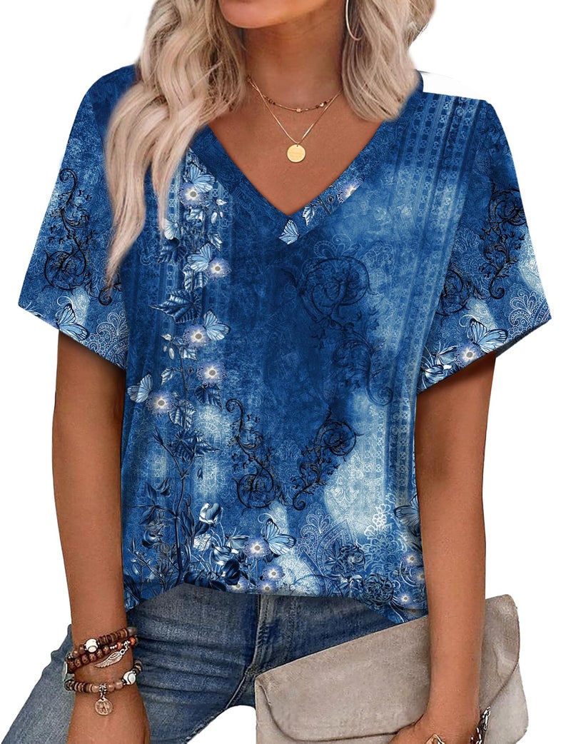 Alaroo Womens Summer Tops Dressy Casual Tunic Short Sleeve Cruise Outfits V Neck T Shirts Print 12 XXL - Image 1