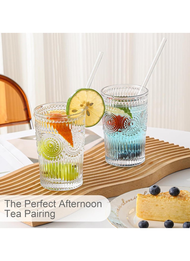 TYCOM Glassware Drinking Glasses 6 Packs 400 ML Clear Textured Flower Design Glass Water Tumblers Embossed Striped Drinkware for Water Cocktails Juice Iced Coffee.  - Image 4