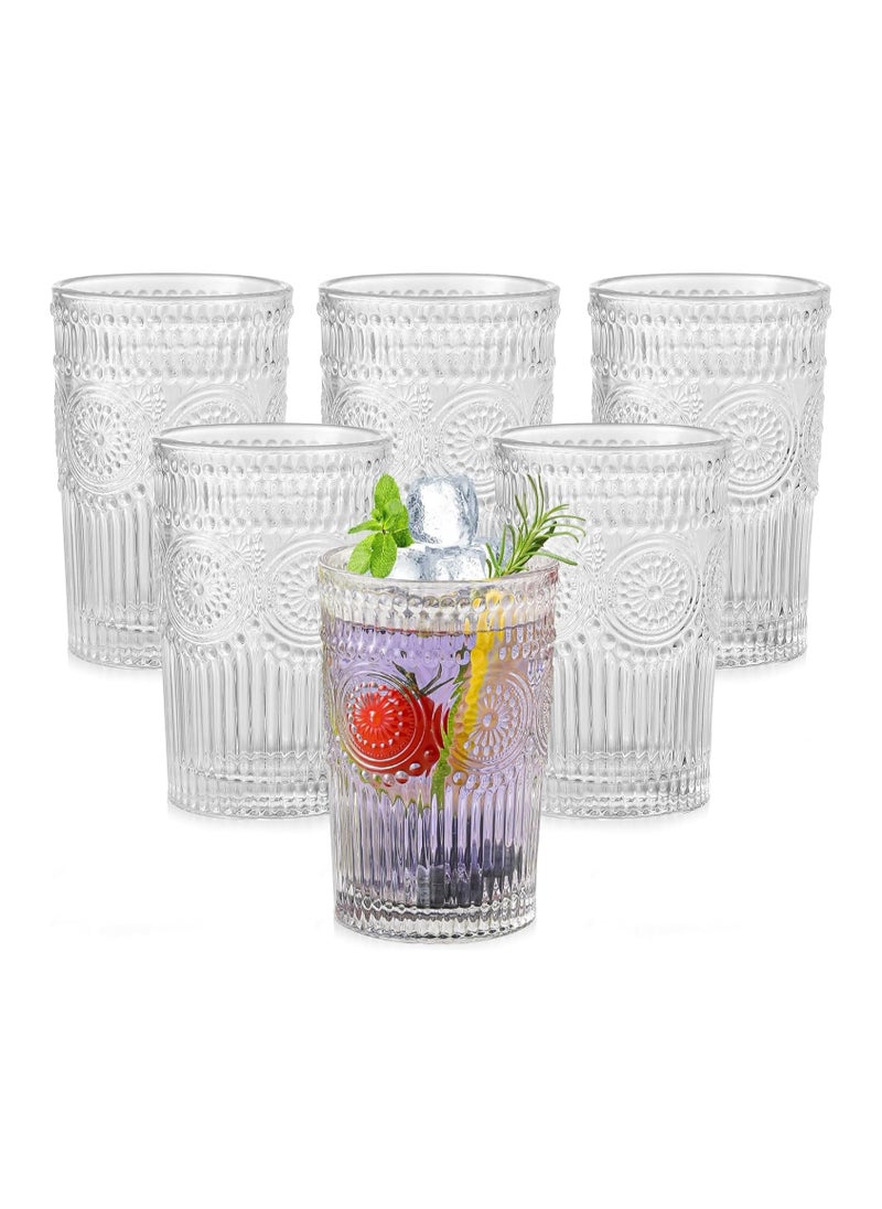TYCOM Glassware Drinking Glasses 6 Packs 400 ML Clear Textured Flower Design Glass Water Tumblers Embossed Striped Drinkware for Water Cocktails Juice Iced Coffee.  - Image 1