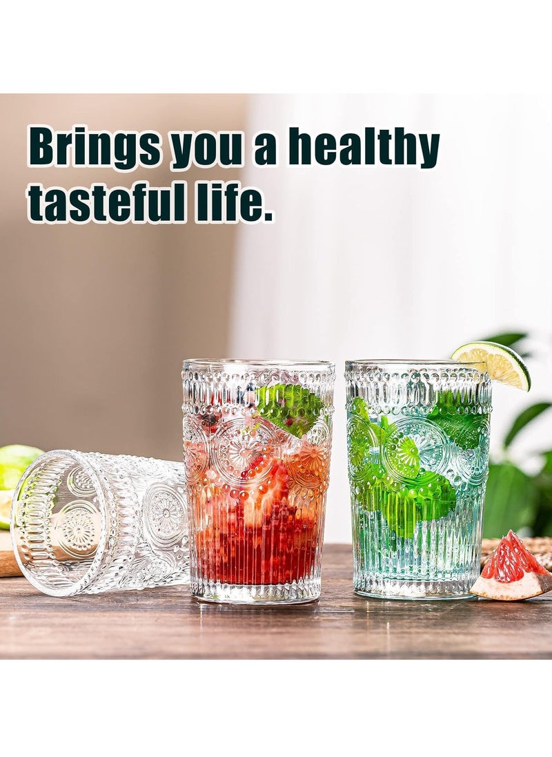 TYCOM Glassware Drinking Glasses 6 Packs 400 ML Clear Textured Flower Design Glass Water Tumblers Embossed Striped Drinkware for Water Cocktails Juice Iced Coffee.  - Image 5