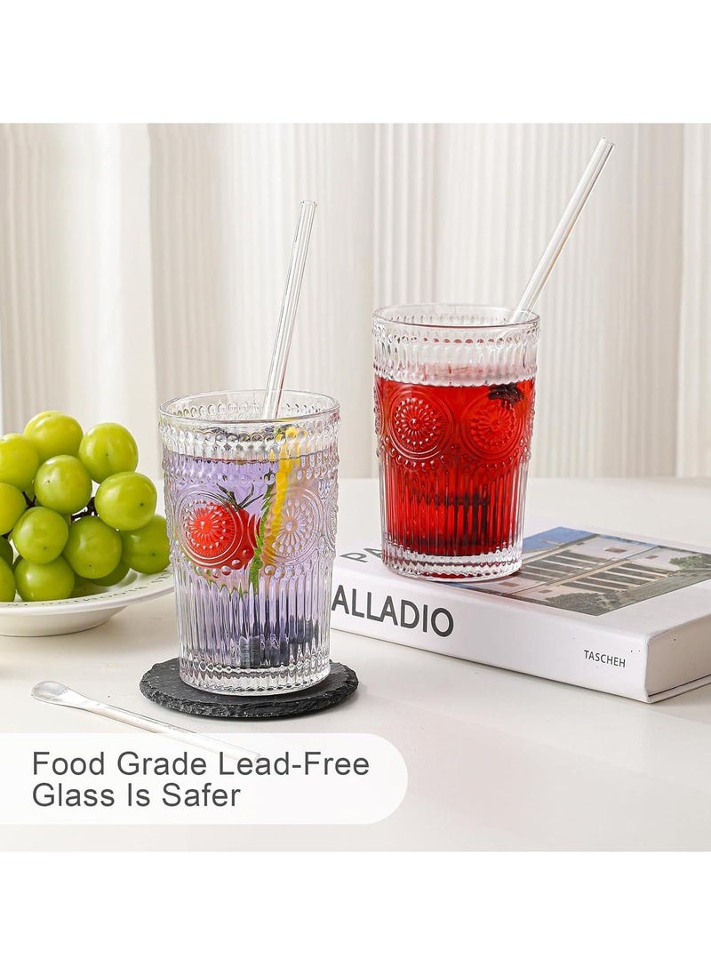TYCOM Glassware Drinking Glasses 6 Packs 400 ML Clear Textured Flower Design Glass Water Tumblers Embossed Striped Drinkware for Water Cocktails Juice Iced Coffee.  - Image 3