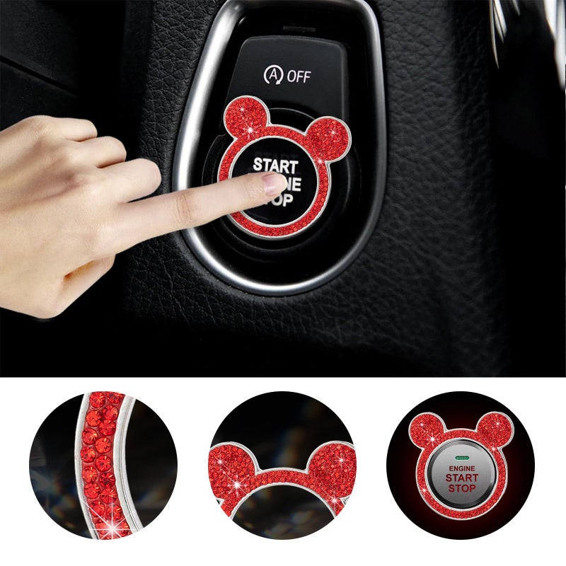 Augeny Bling Car Engine Start Button Cover, Rhinestone Key Ignition Knob Ring, Sparkling Push to Start Button Sticker for Women, Universal Car Accessories for Interior Decoration (1PC, Red) - Image 4