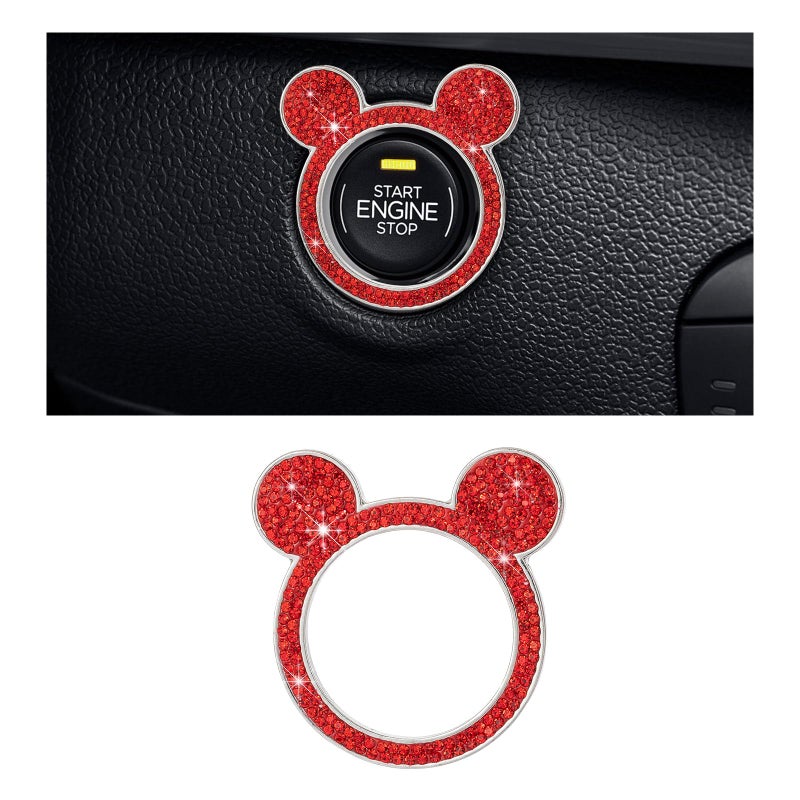Augeny Bling Car Engine Start Button Cover, Rhinestone Key Ignition Knob Ring, Sparkling Push to Start Button Sticker for Women, Universal Car Accessories for Interior Decoration (1PC, Red) - Image 1