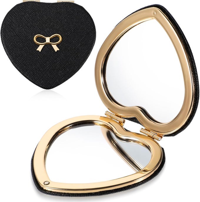 POCKET MIRROR CUTE HEART SHAPED COMPACT MIRROR PU LEATHER PORTABLE MINI MAKEUP MIRRORS FOR WOMEN DOUBLESIDED 1X2X MAGNIFYING FOLDING TRAVEL MIRRORS FOR HOME OFFICE TRAVEL