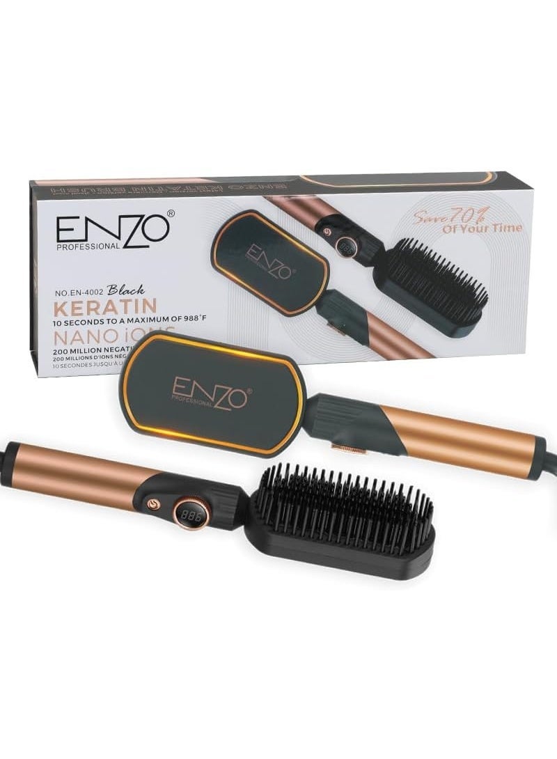 ENZO Professional فرشاة فرد الشعر الاحترافية ENZO EN-4002، مجفف شعر ومكثف مصمم لصالونات الشعر، مشط فرد الشعر بتسخين سيراميك أيوني، مضاد للحروق - النسخة الدولية - أسود - Image 1