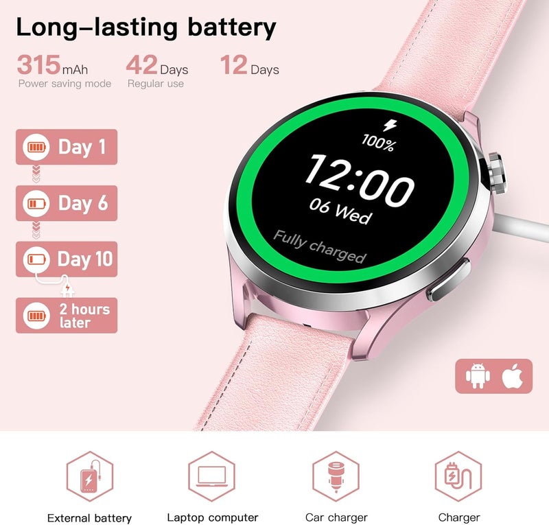 كيسلكت ساعة Kieslect الذكية Lora 3 باللون الوردي، مقاس ٤٣ مم، شاشة AMOLED بمقاس ١.٣٢ بوصة، مكالمات ونصوص عبر البلوتوث، أكثر من ١٧٨ وضع رياضي، مراقب للصحة واللياقة والنوم، مقاومة للماء حتى 5ATM، عمر البطارية - Image 3
