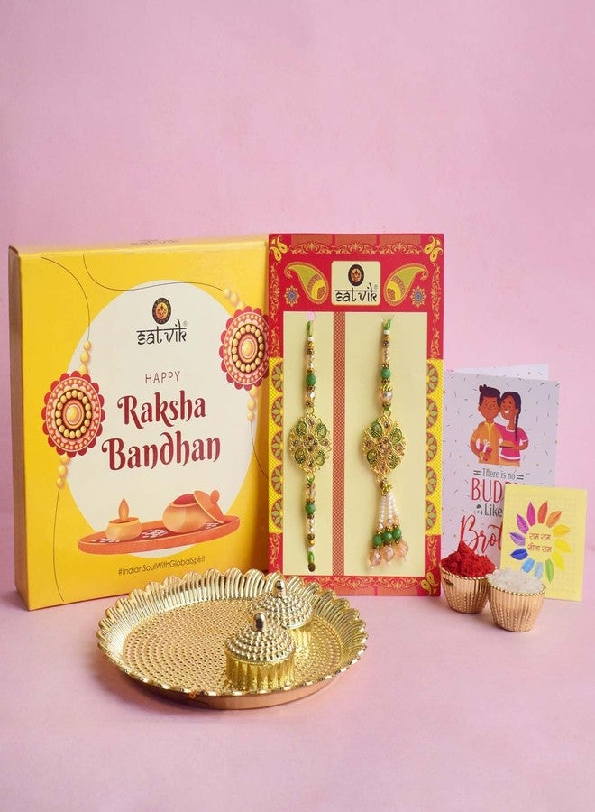 SATVIK STORE SATVIK Couple Rakhi: Bhaiya Bhabhi Rakhi Set with Kumkum Holder Thali, Roli Chawal, Greeting Card, and Soun Stickers - Celebrate Raksha Bandhan with Elegance and Tradition (Size 10) - Image 5