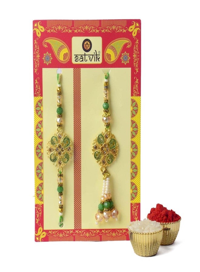 SATVIK STORE SATVIK Couple Rakhi: Bhaiya Bhabhi Rakhi Set with Kumkum Holder Thali, Roli Chawal, Greeting Card, and Soun Stickers - Celebrate Raksha Bandhan with Elegance and Tradition (Size 10) - Image 2