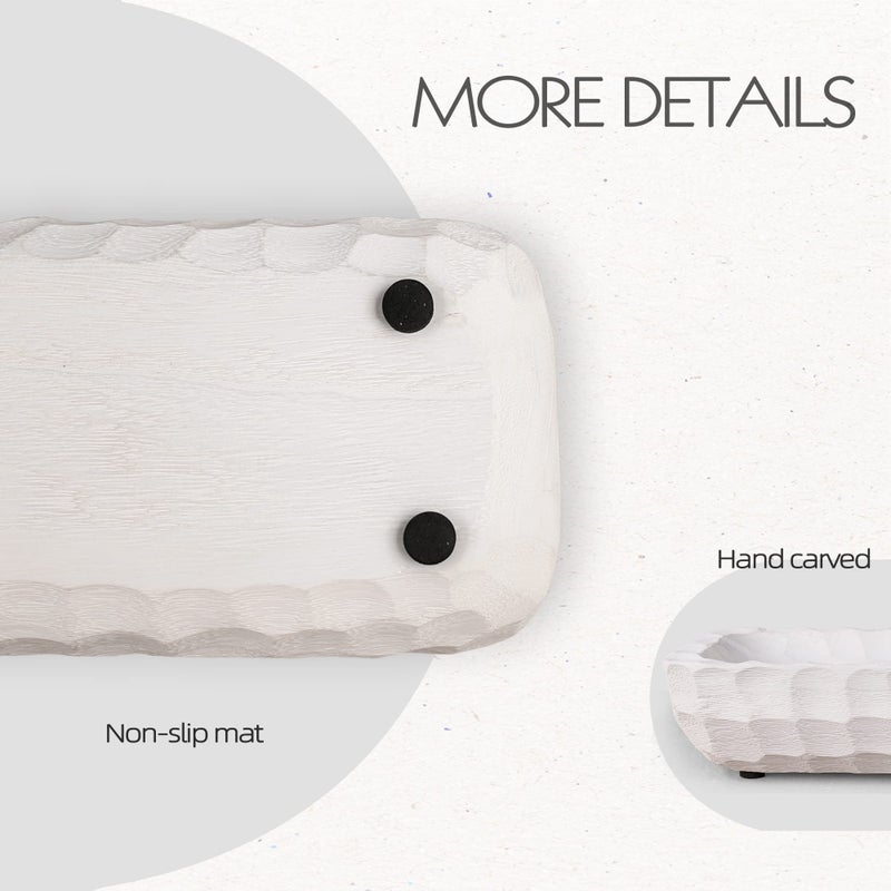 Oakrain Decorative Bowl for Home Decor, Long Dough Bowl with Hand Carved Irregular Texture, Unique Table Centerpieces, Wooden Home Decor Accents for Farmhouse Boho Rustic Style(16.1"x 5.5" Washed White) - Image 3