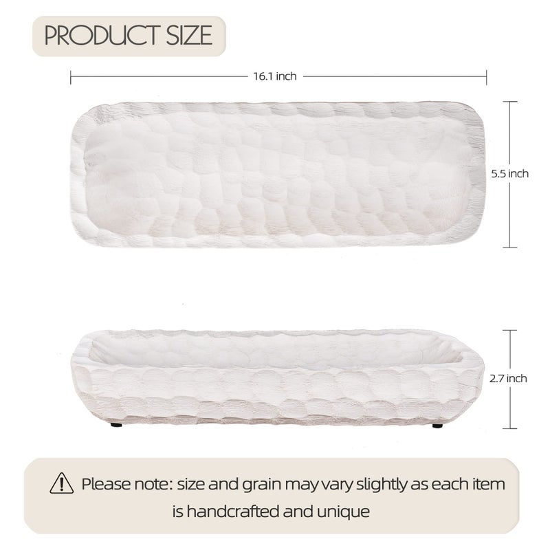 Oakrain Decorative Bowl for Home Decor, Long Dough Bowl with Hand Carved Irregular Texture, Unique Table Centerpieces, Wooden Home Decor Accents for Farmhouse Boho Rustic Style(16.1"x 5.5" Washed White) - Image 2