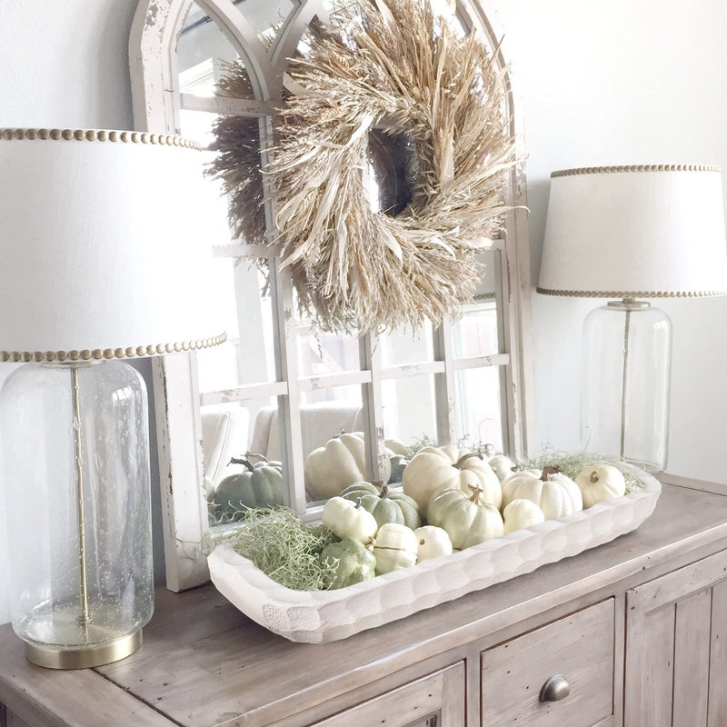 Oakrain Decorative Bowl for Home Decor, Long Dough Bowl with Hand Carved Irregular Texture, Unique Table Centerpieces, Wooden Home Decor Accents for Farmhouse Boho Rustic Style(16.1"x 5.5" Washed White) - Image 5