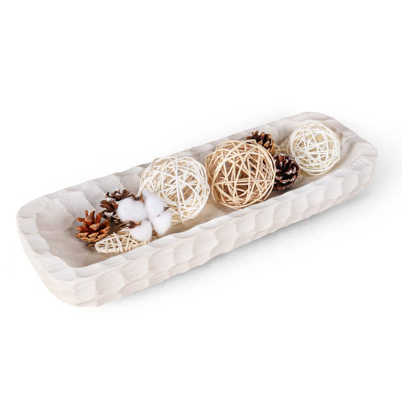 Oakrain Decorative Bowl for Home Decor, Long Dough Bowl with Hand Carved Irregular Texture, Unique Table Centerpieces, Wooden Home Decor Accents for Farmhouse Boho Rustic Style(16.1"x 5.5" Washed White) - Image 1